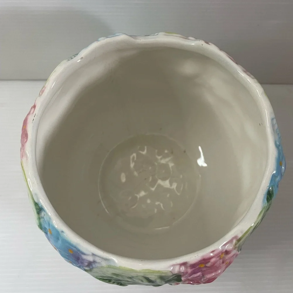 Vintage Pier One Pink Blue Hydrangea Floral Ceramic Planter 5”